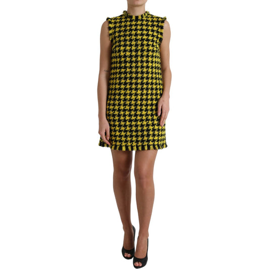Dolce & Gabbana Houndstooth Knitted Chic Yellow Mini Skirt yellow-houndstooth-sleeveless-aline-mini-dress 465A9300-BG-1421f3cc-40d.jpg