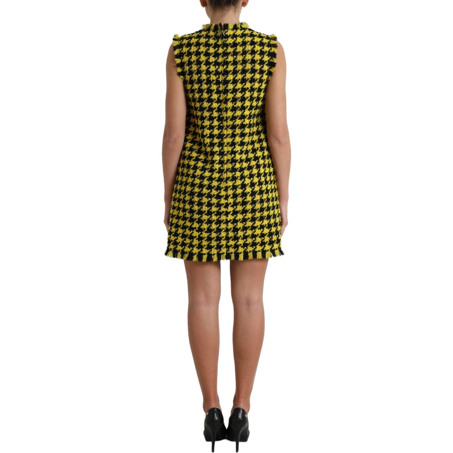 Dolce & Gabbana Houndstooth Knitted Chic Yellow Mini Skirt yellow-houndstooth-sleeveless-aline-mini-dress