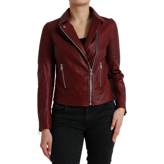 Dolce & Gabbana Bordeaux Biker Leather Jacket bordeaux-leather-biker-coat-lambskin-jacket
