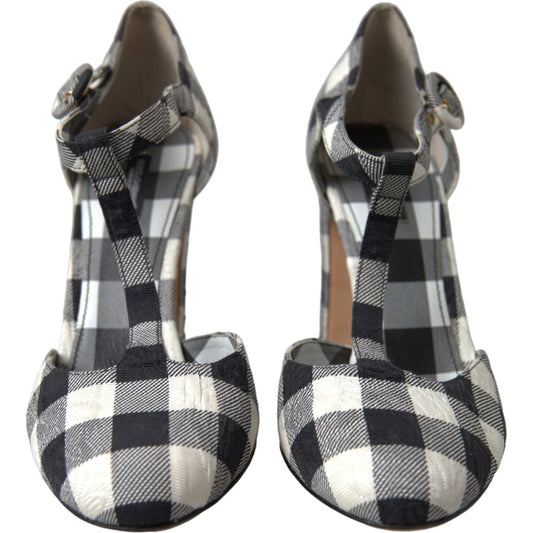 Dolce & Gabbana Chic Gingham T-Strap Pumps: Timeless Mary Jane Heels black-white-gingham-brocade-mary-janes-shoes