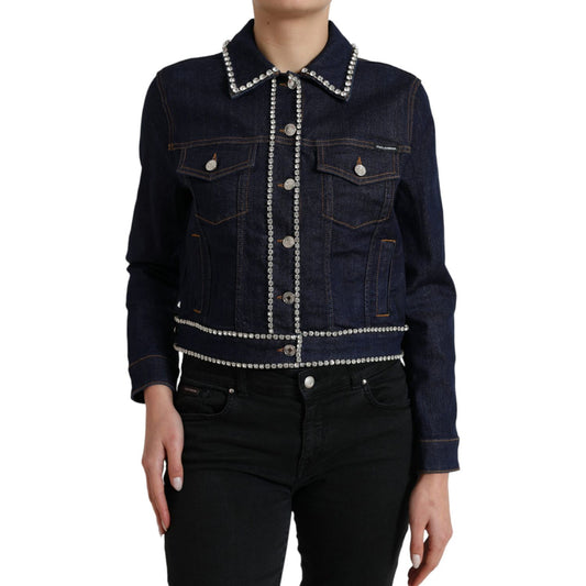 Dolce & Gabbana Elegant Denim Jewel Button Jacket dark-blue-crystal-trimmed-cotton-denim-jacket