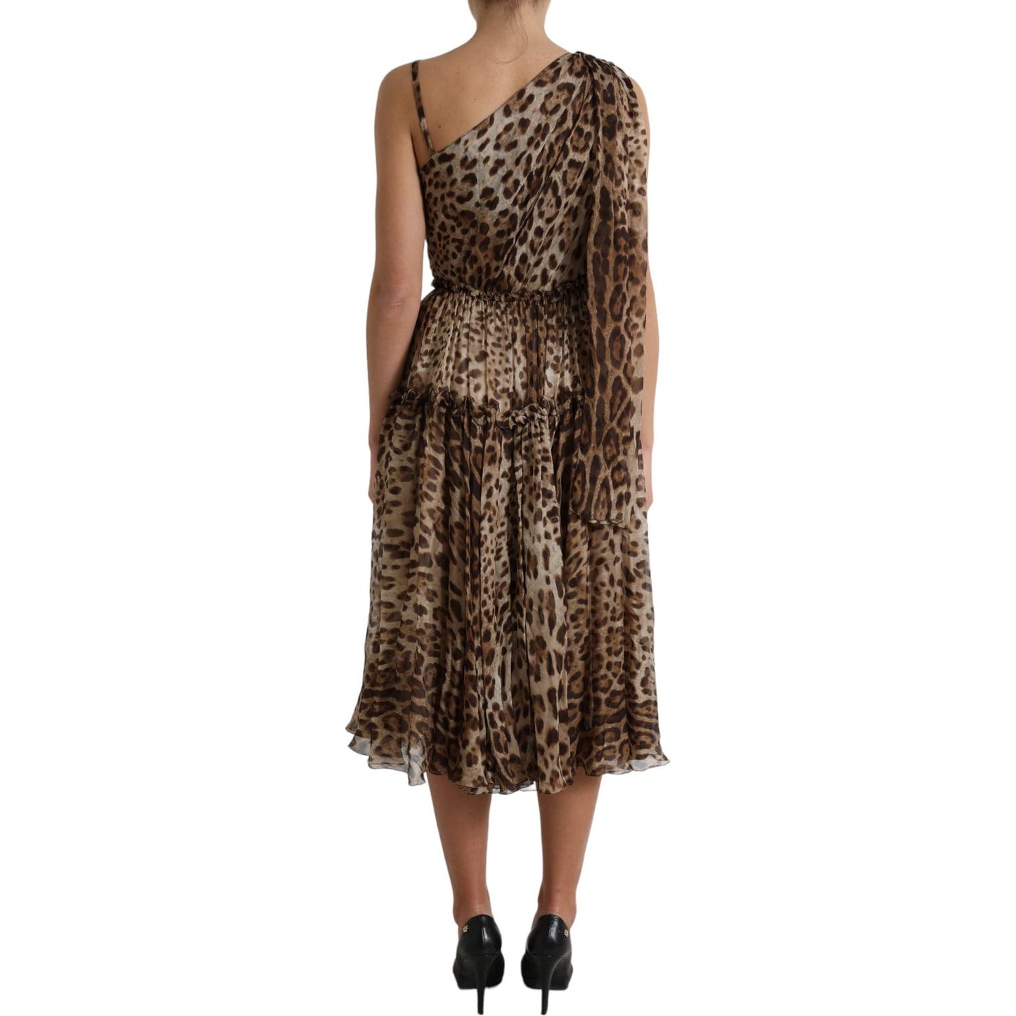 Dolce & Gabbana Elegant One-Shoulder Leopard Midi Dress brown-leopard-print-silk-ruffled-midi-dress