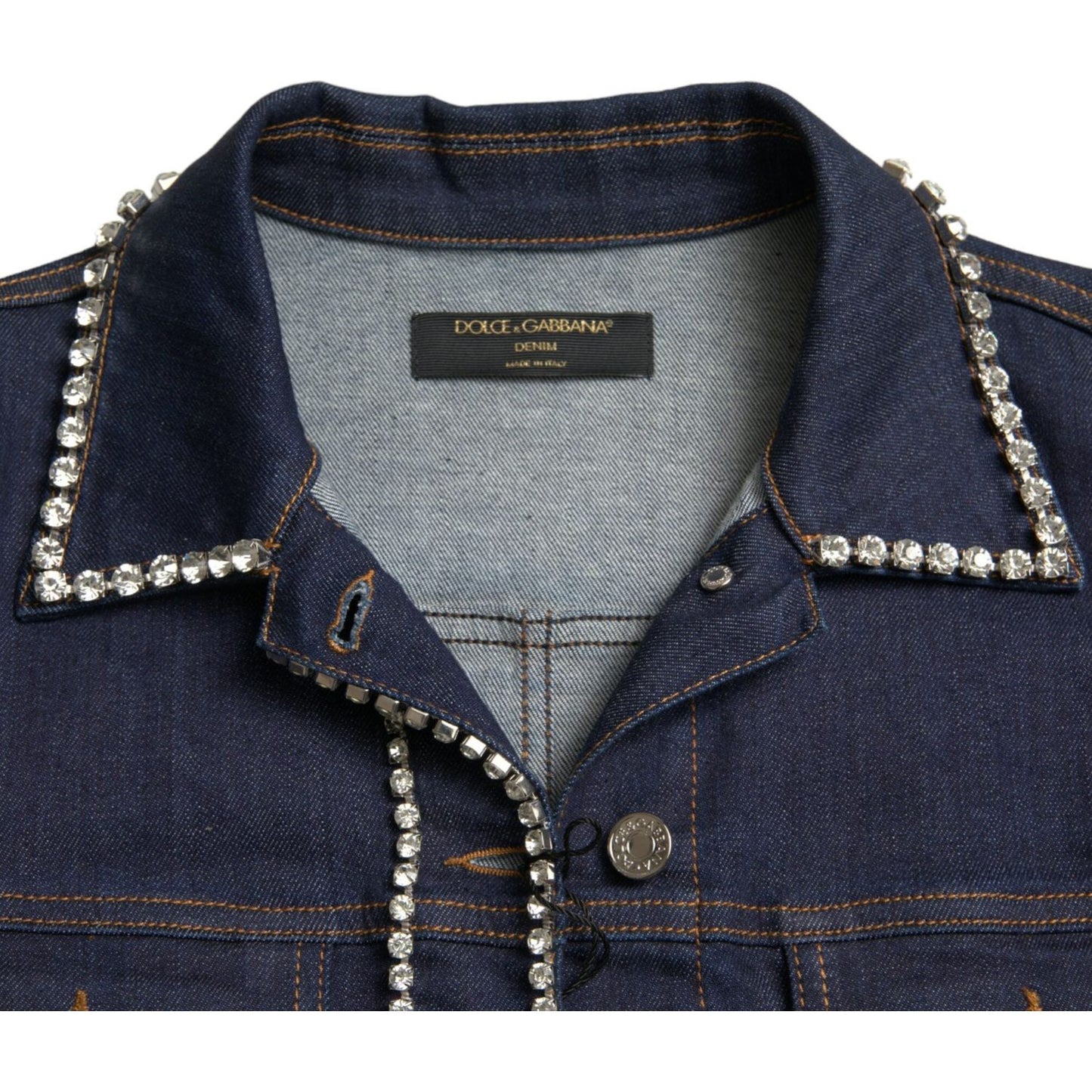 Dolce & Gabbana Elegant Denim Jewel Button Jacket dark-blue-crystal-trimmed-cotton-denim-jacket