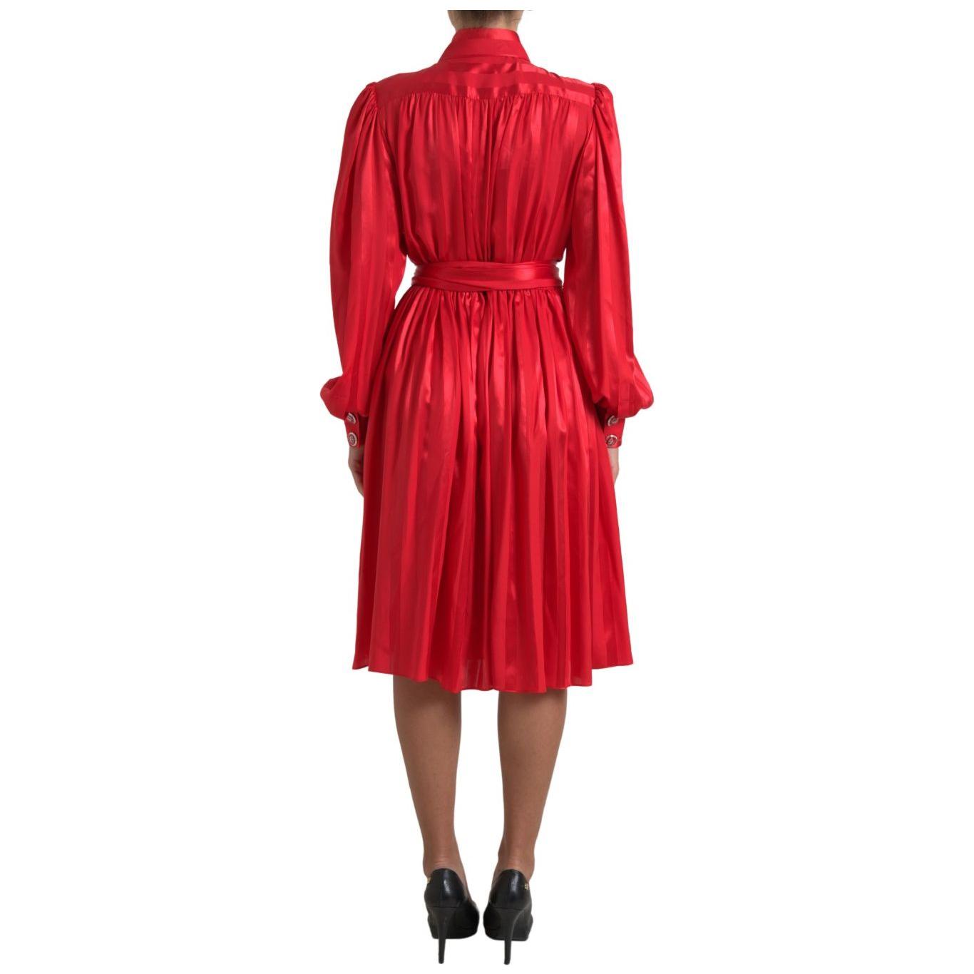 Dolce & Gabbana Elegant Red Silk Midi Dress with Button Detail red-satin-silk-button-down-belted-midi-dress