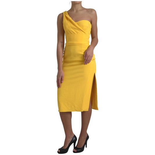 Dolce & Gabbana Elegant One Shoulder Midi Sundress yellow-one-shoulder-side-slit-midi-dress-1