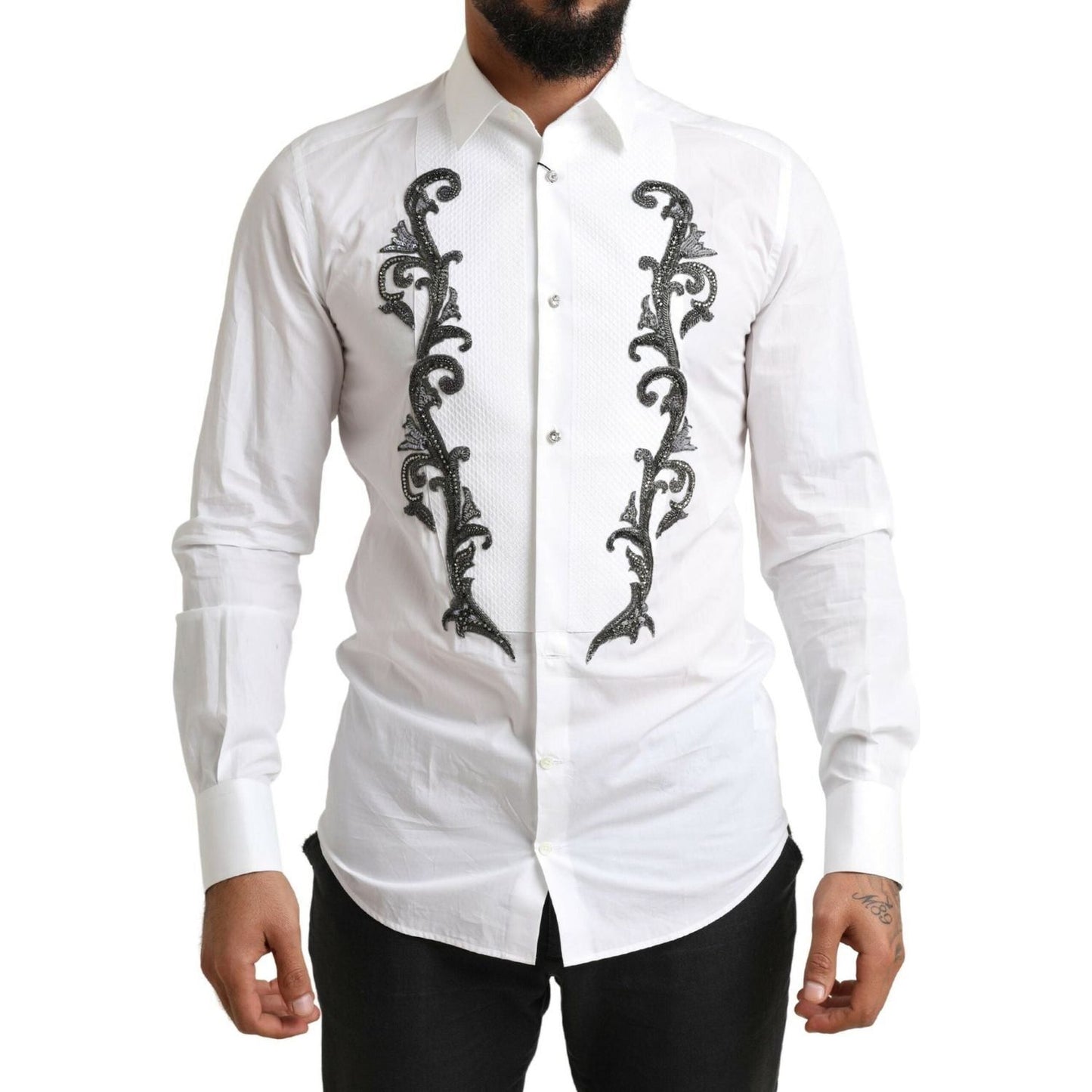 Dolce & Gabbana Italian Designer Slim Fit Tuxedo Shirt white-tuxedo-slim-fit-baroque-shirt