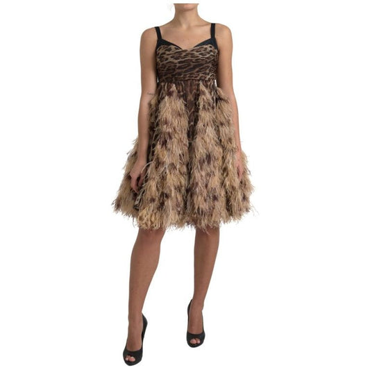 Dolce & Gabbana Sleeveless Leopard Chiffon Ostrich-Feather Dress brown-leopard-feather-chiffon-sleeveless-dress