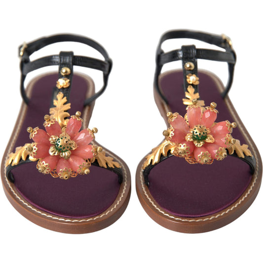 Dolce & Gabbana Elegant Crystal-Adorned Flat Sandals black-crystal-gold-sandals-leather-shoes 465A9777-bg-scaled-2e140311-07b.jpg