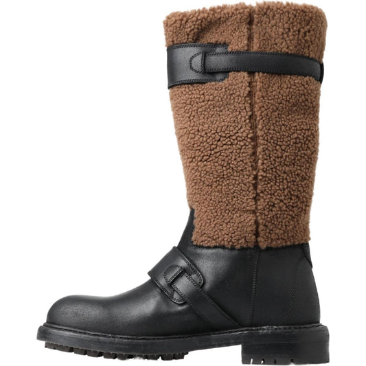 Dolce & Gabbana Black Shearling Leather Long Boots black-leather-brown-shearling-boots
