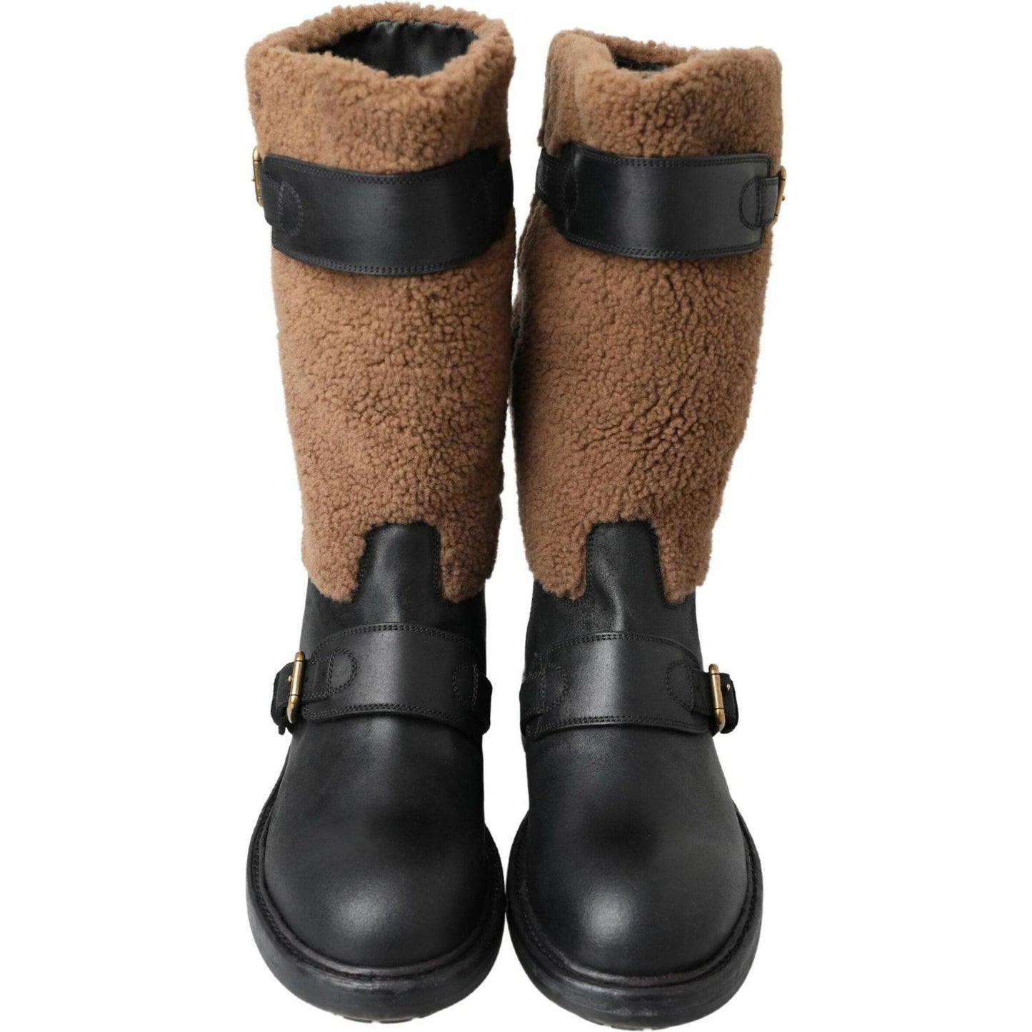 Dolce & Gabbana Black Shearling Leather Long Boots black-leather-brown-shearling-boots