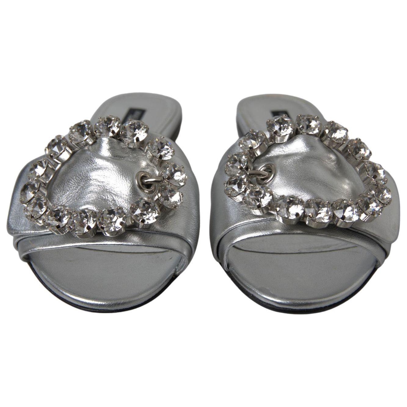 Dolce & Gabbana Crystal-Embellished Silver Leather Slides silver-crystal-embellished-slides-flat-shoes