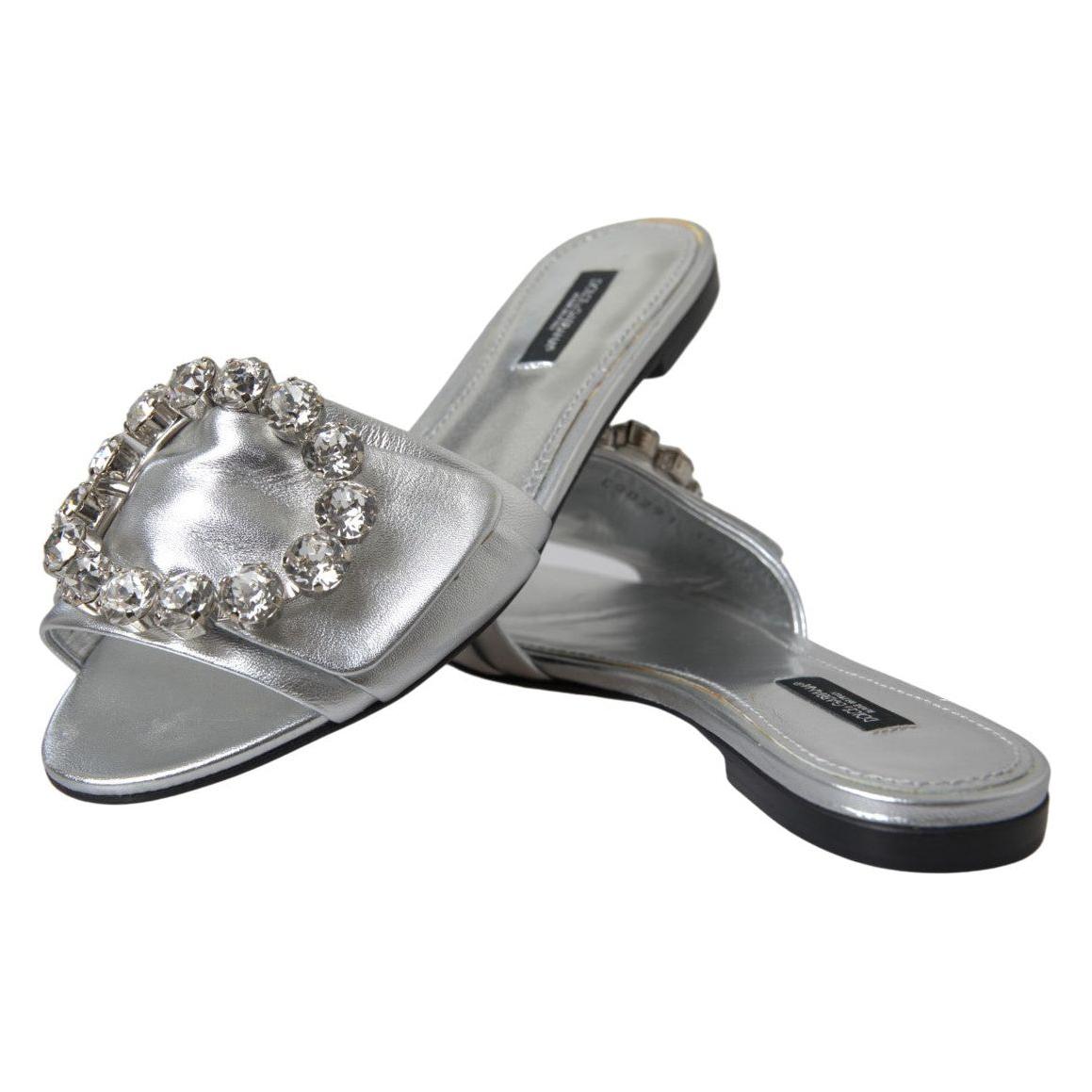 Dolce & Gabbana Crystal-Embellished Silver Leather Slides silver-crystal-embellished-slides-flat-shoes
