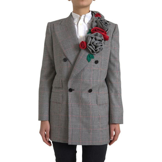 Dolce & Gabbana Chic Double Breasted Gray Wool Blazer gray-plaid-rose-applique-coat-blazer-jacket