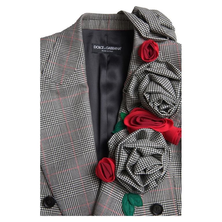 Dolce & Gabbana Chic Double Breasted Gray Wool Blazer gray-plaid-rose-applique-coat-blazer-jacket