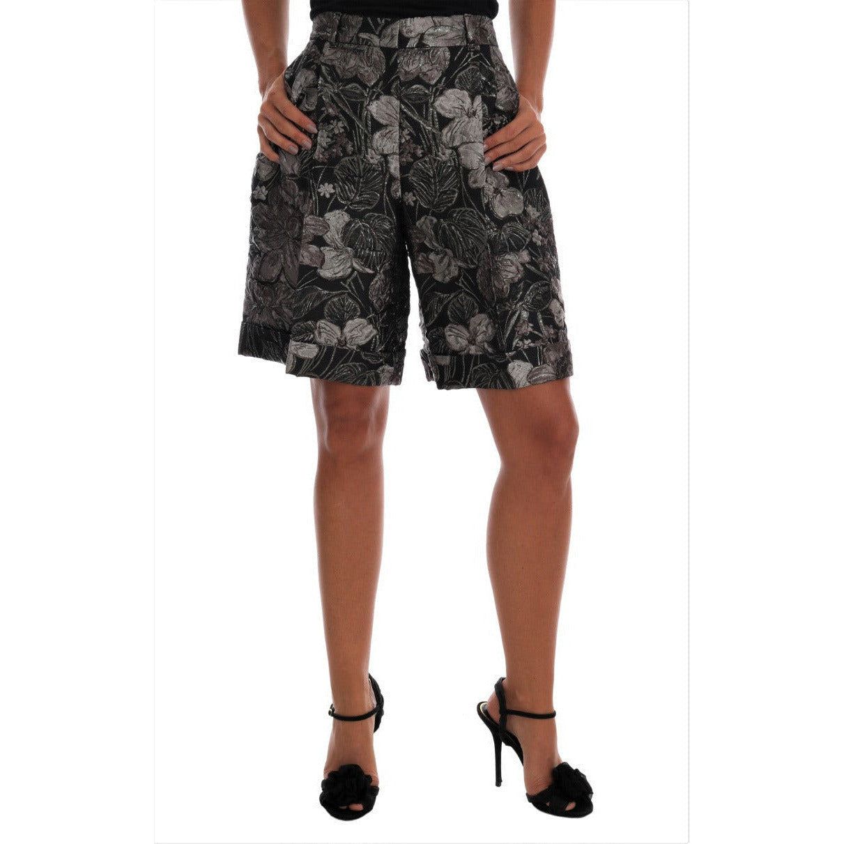 Dolce & Gabbana Elegant High-Waist Brocade Shorts gray-floral-brocade-high-waist-shorts Shorts 466984-gray-floral-brocade-high-waist-shorts.jpg
