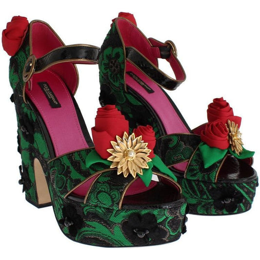 Dolce & Gabbana Enchanted Sicily Crystal Brocade Wedges green-brocade-snakeskin-roses-crystal-shoes