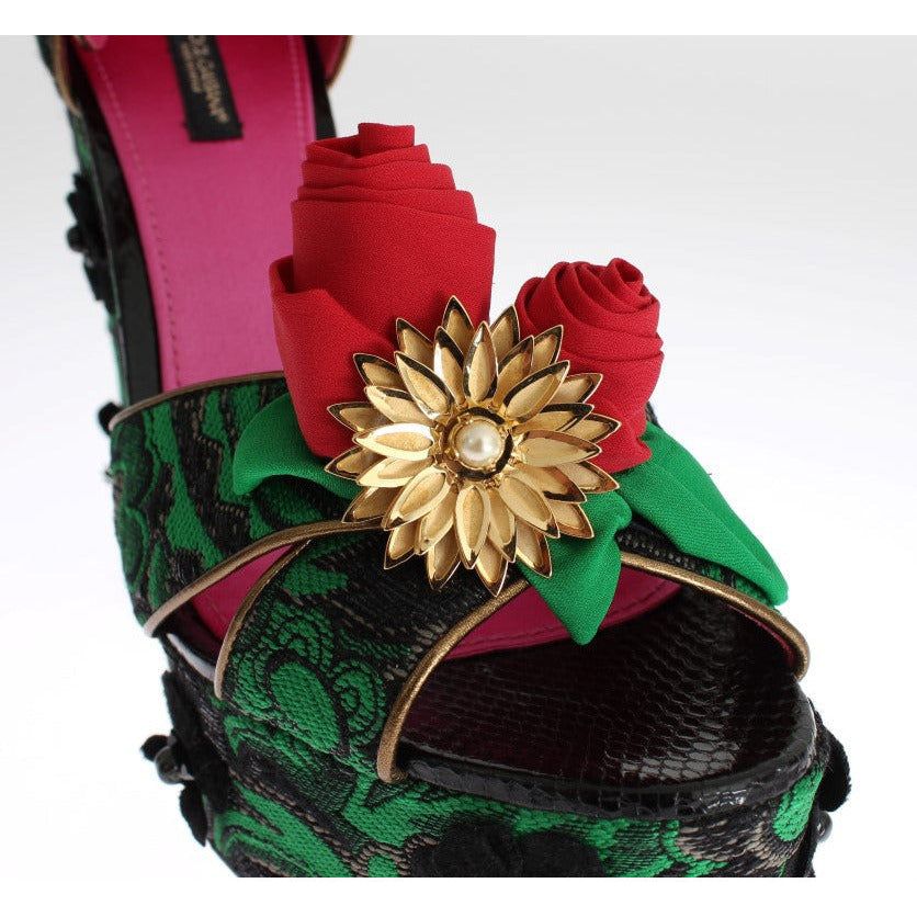 Dolce & Gabbana Enchanted Sicily Crystal Brocade Wedges green-brocade-snakeskin-roses-crystal-shoes