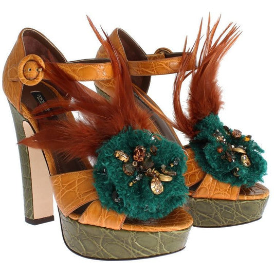 Dolce & Gabbana Multicolor Crystal Ankle Strap Platform Sandals caiman-crocodile-leather-crystal-shoes-1