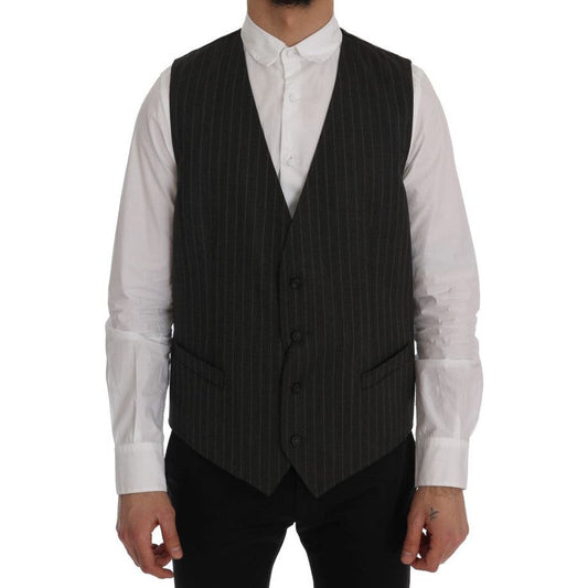 Dolce & Gabbana Elegant Striped Gray Wool Blend Waistcoat Vest gray-staff-wool-stretch-vest-1 498916-gray-staff-wool-stretch-vest-2.jpg
