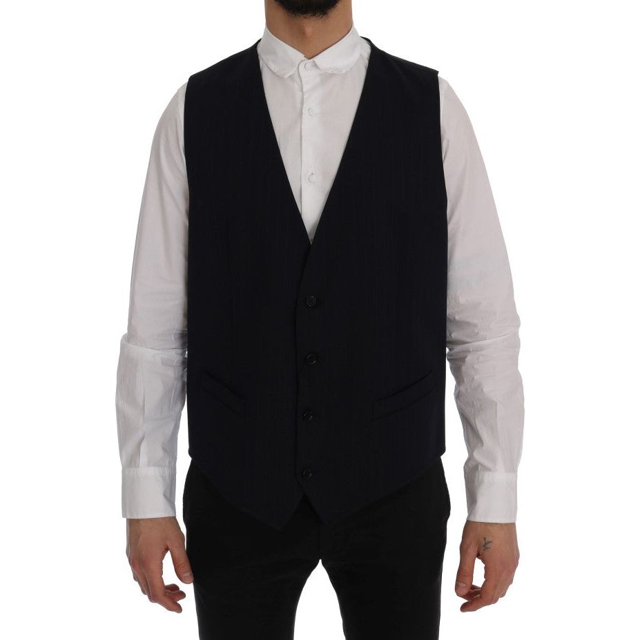 Dolce & Gabbana Elegant Striped Wool Blend Waistcoat Vest blue-staff-wool-stretch-vest-2 499175-blue-staff-wool-stretch-vest-3.jpg