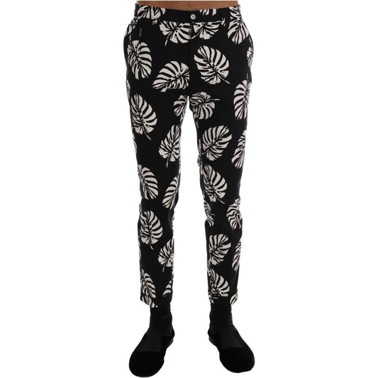 Dolce & Gabbana Slim Fit Leaf Print Ankle Pants white-black-leaf-cotton-stretch-slim-pants
