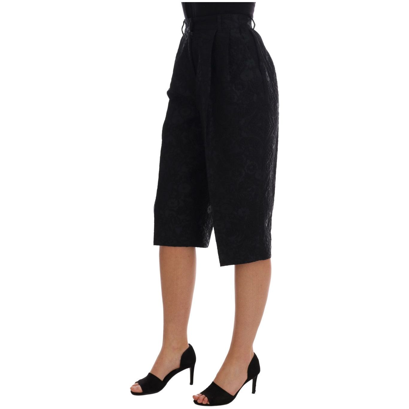 Dolce & Gabbana Elegant Floral Brocade Dress Shorts black-brocade-high-waist-capri-shorts Jeans & Pants 513087-black-brocade-high-waist-capri-shorts-1.jpg
