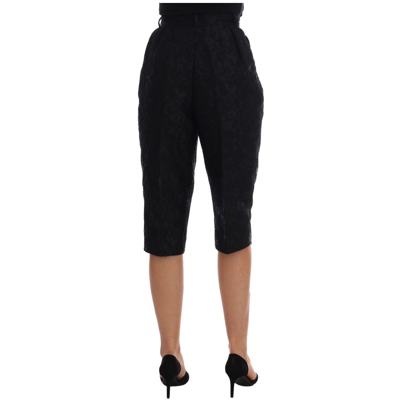 Dolce & Gabbana Elegant Floral Brocade Dress Shorts black-brocade-high-waist-capri-shorts Jeans & Pants 513087-black-brocade-high-waist-capri-shorts-2.jpg
