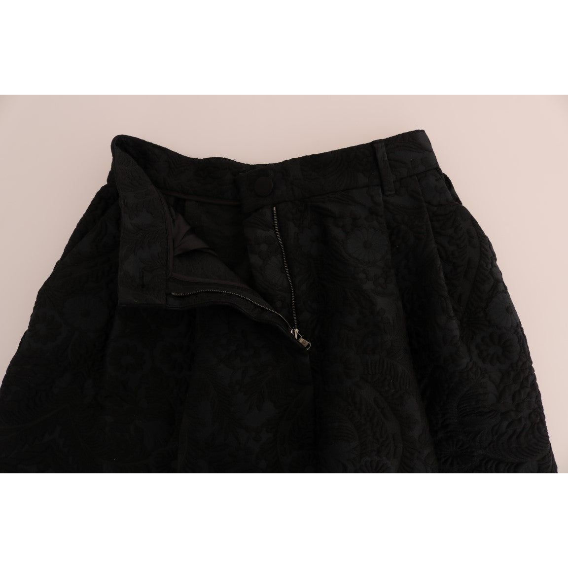 Dolce & Gabbana Elegant Floral Brocade Dress Shorts black-brocade-high-waist-capri-shorts Jeans & Pants 513087-black-brocade-high-waist-capri-shorts-3.jpg