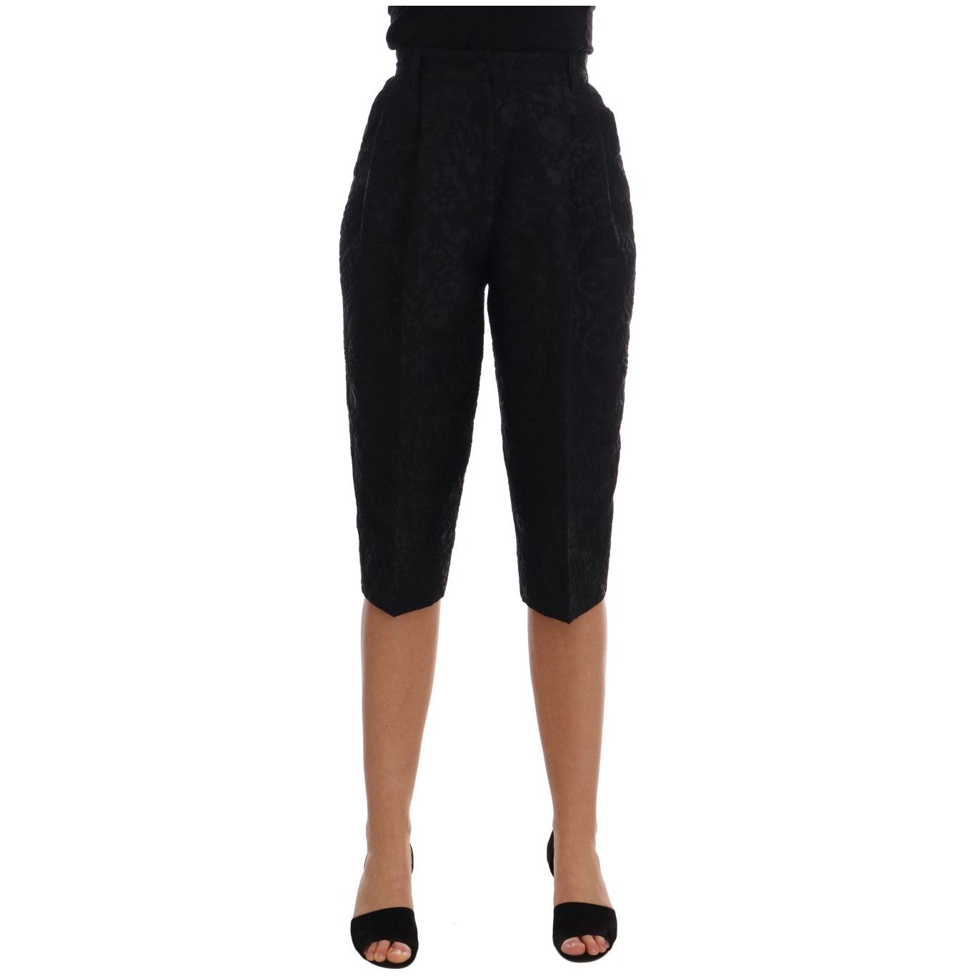 Dolce & Gabbana Elegant Floral Brocade Dress Shorts black-brocade-high-waist-capri-shorts Jeans & Pants 513087-black-brocade-high-waist-capri-shorts.jpg