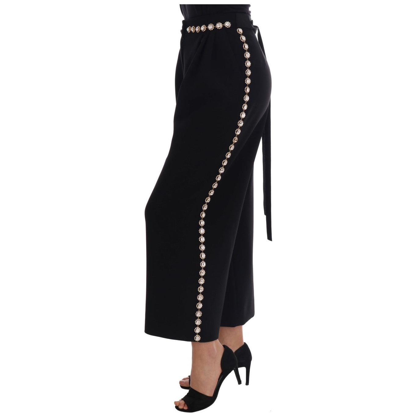 Dolce & Gabbana Elegant High-Waist Ankle Pants with Gold Detailing black-wool-stretch-crystal-pants Jeans & Pants 513120-black-wool-stretch-crystal-pants-1.jpg