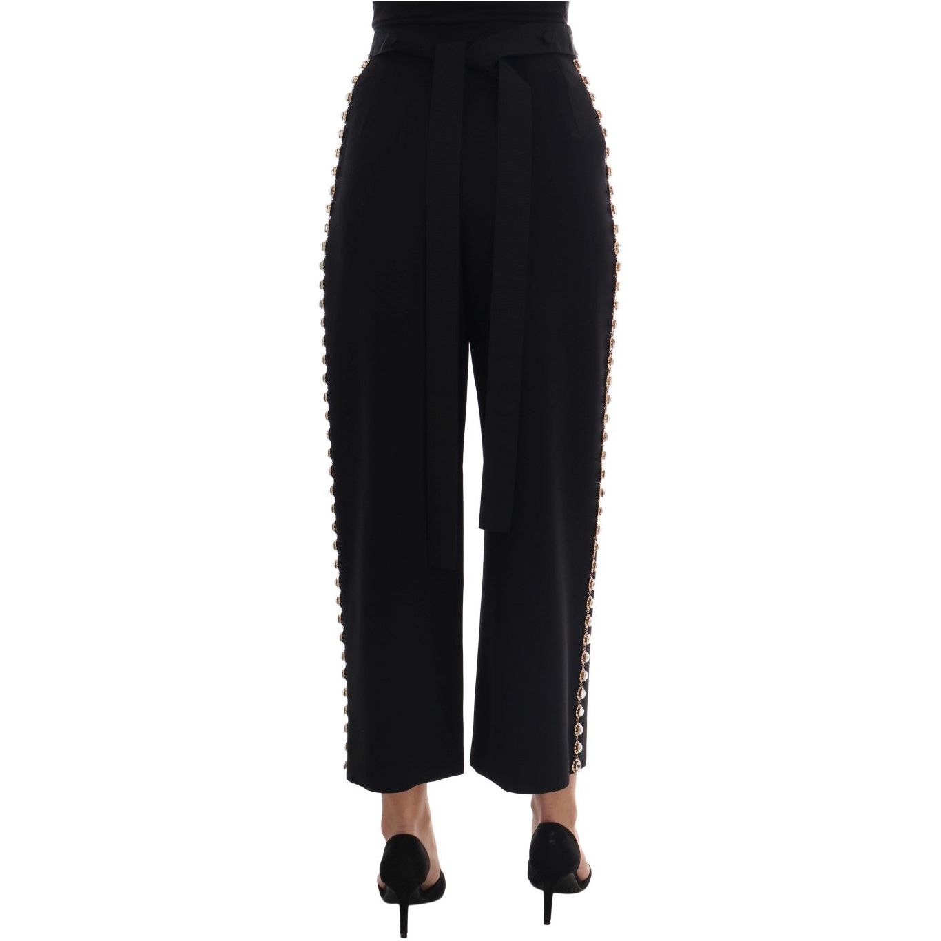 Dolce & Gabbana Elegant High-Waist Ankle Pants with Gold Detailing Jeans & Pants black-wool-stretch-crystal-pants 513120-black-wool-stretch-crystal-pants-2.jpg