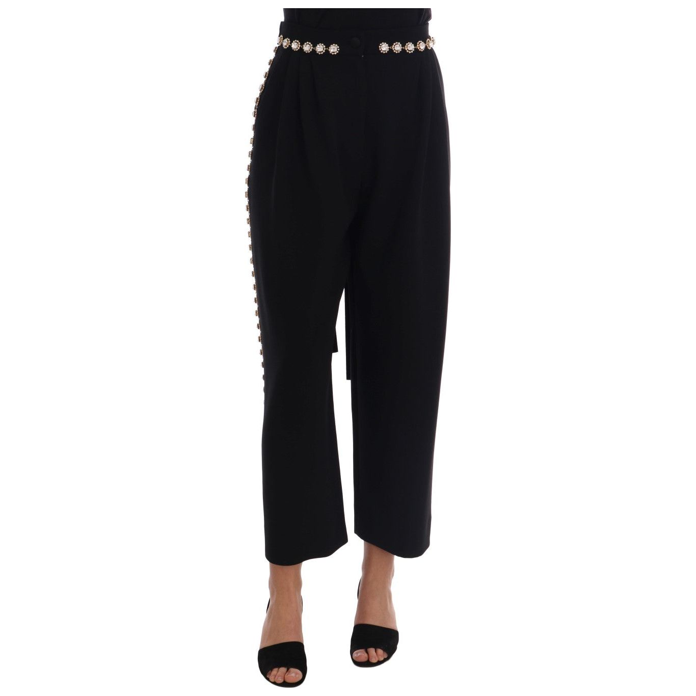 Dolce & Gabbana Elegant High-Waist Ankle Pants with Gold Detailing Jeans & Pants black-wool-stretch-crystal-pants 513120-black-wool-stretch-crystal-pants.jpg