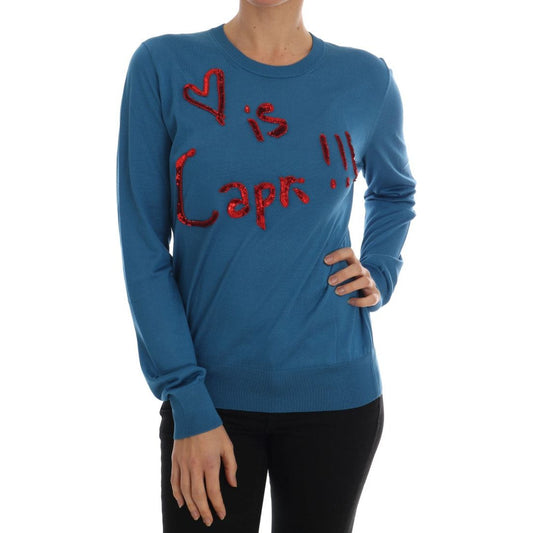 Dolce & Gabbana Blue Silk Sequined Capri Pullover Sweater blue-silk-love-is-pullover-sweater