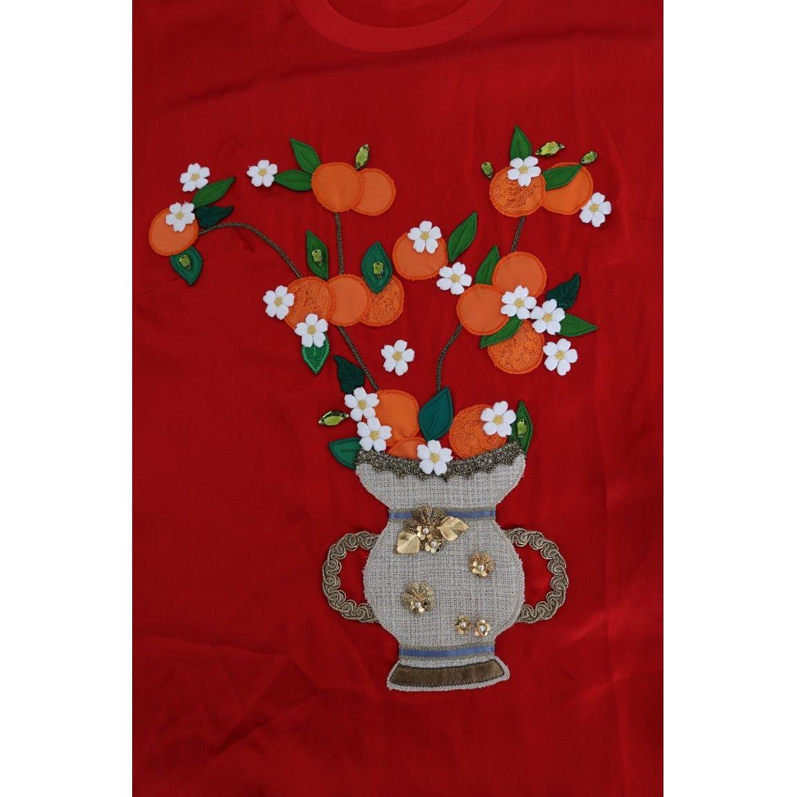 Dolce & Gabbana Red Silk Floral Embroidered Elegance Top red-silk-orange-vase-crystal-top