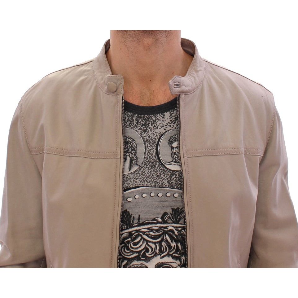Dolce & Gabbana Elegant Beige Leather Lambskin Jacket beige-leather-jacket-biker-coat Coats & Jackets