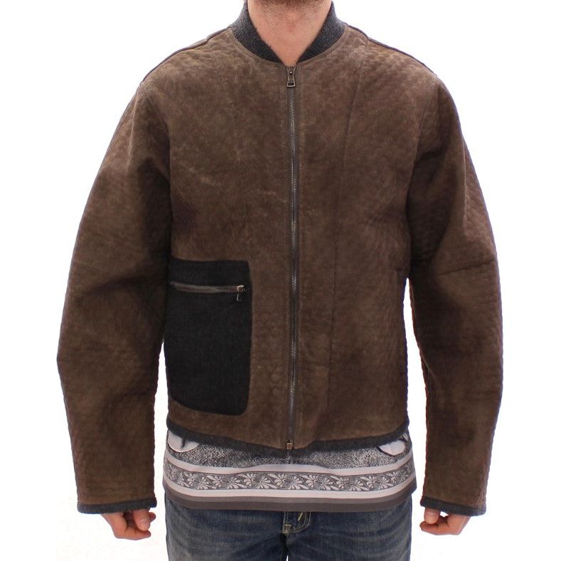 Dolce & Gabbana Elegant Leather & Wool Blend Jacket brown-gray-leather-jacket-coat Coats & Jackets 54860-brown-gray-leather-jacket-coat-2.jpg