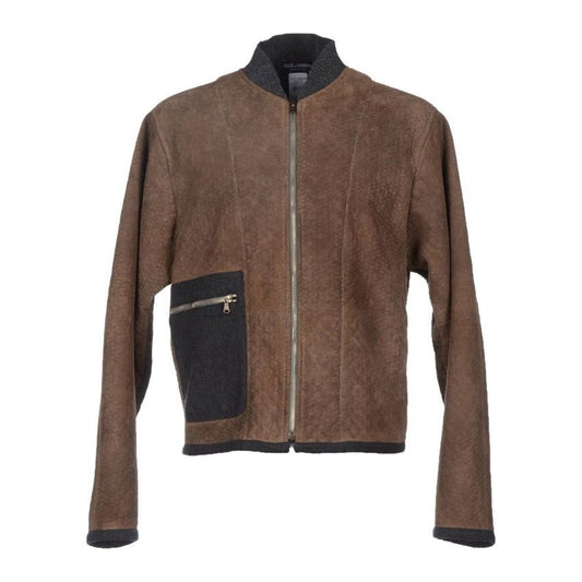 Dolce & Gabbana Elegant Leather & Wool Blend Jacket Coats & Jackets brown-gray-leather-jacket-coat