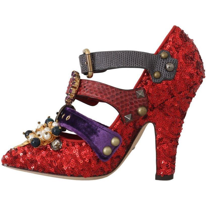 Dolce & Gabbana Red Bellucci Alta Moda Embellished Pumps red-sequined-crystal-studs-heels-shoes