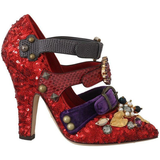 Dolce & Gabbana Red Bellucci Alta Moda Embellished Pumps red-sequined-crystal-studs-heels-shoes