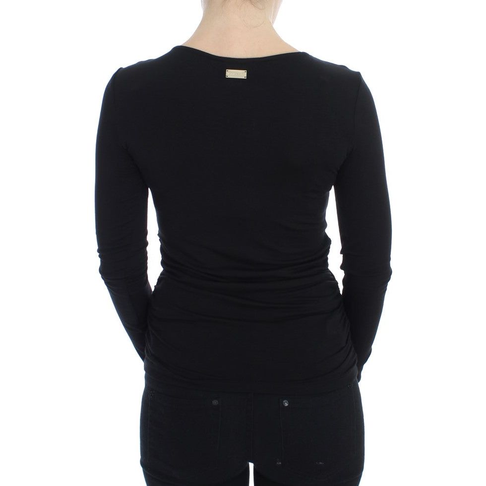 Versace Jeans Elegant V-Neck Black Viscose Blend Sweater black-stretch-longsleeve-sweater Sweater 59184-black-stretch-longsleeve-sweater-2.jpg
