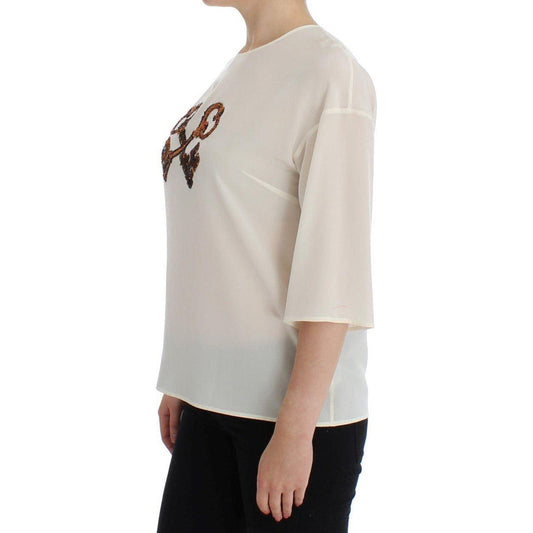 Dolce & Gabbana Ivory Sequined Silk Blouse Top white-sequined-key-silk-blouse-t-shirt-top