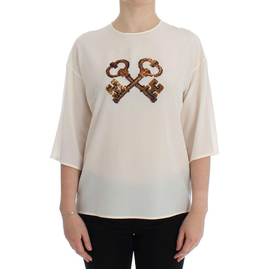 Dolce & Gabbana Ivory Sequined Silk Blouse Top white-sequined-key-silk-blouse-t-shirt-top