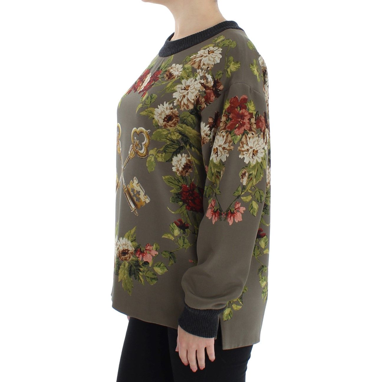 Dolce & Gabbana Enchanted Sicily Silk Crewneck Blouse green-key-floral-print-silk-sweater