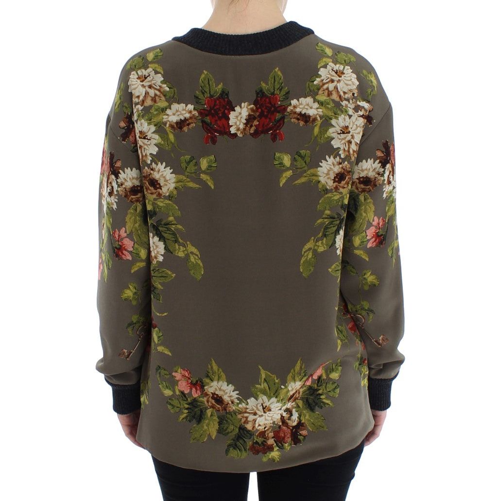 Dolce & Gabbana Enchanted Sicily Silk Crewneck Blouse green-key-floral-print-silk-sweater