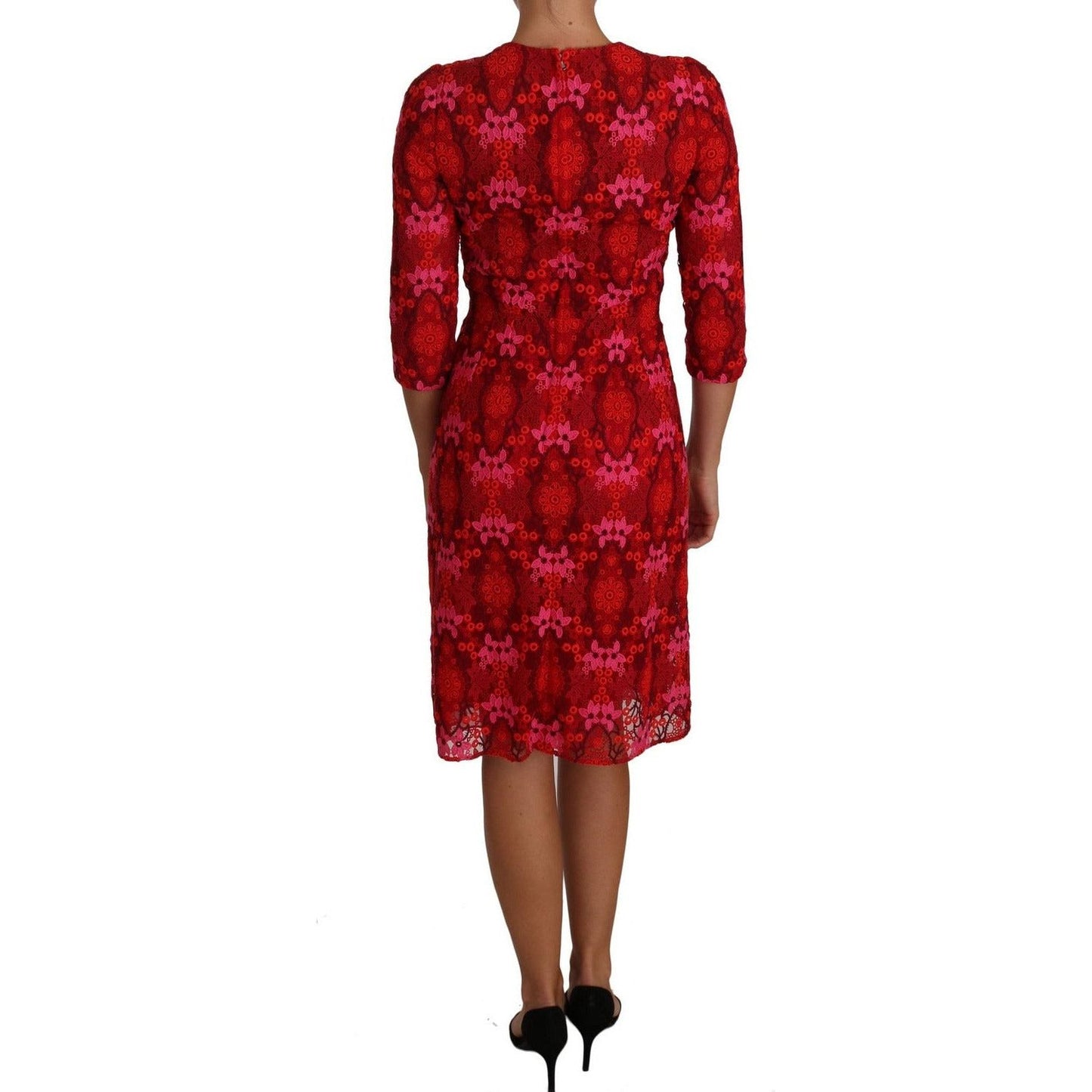 Dolce & Gabbana Elegant Floral Crochet Knee-Length Dress floral-crochet-lace-red-pink-sheath-dress 635562-floral-crochet-lace-red-pink-sheath-dress-1.jpg