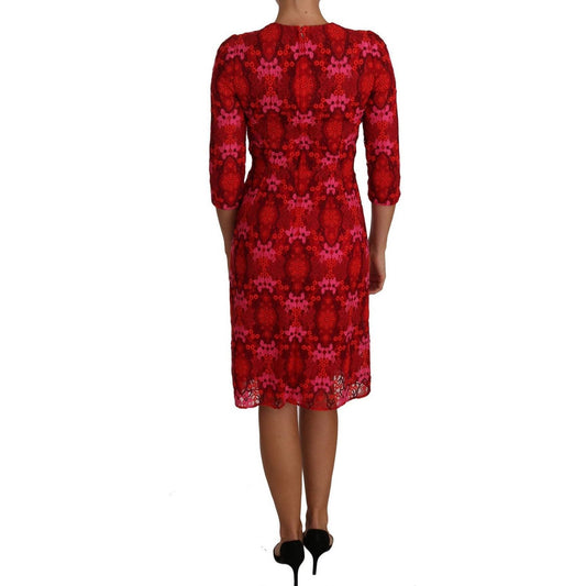 Dolce & Gabbana Elegant Floral Crochet Knee-Length Dress floral-crochet-lace-red-pink-sheath-dress