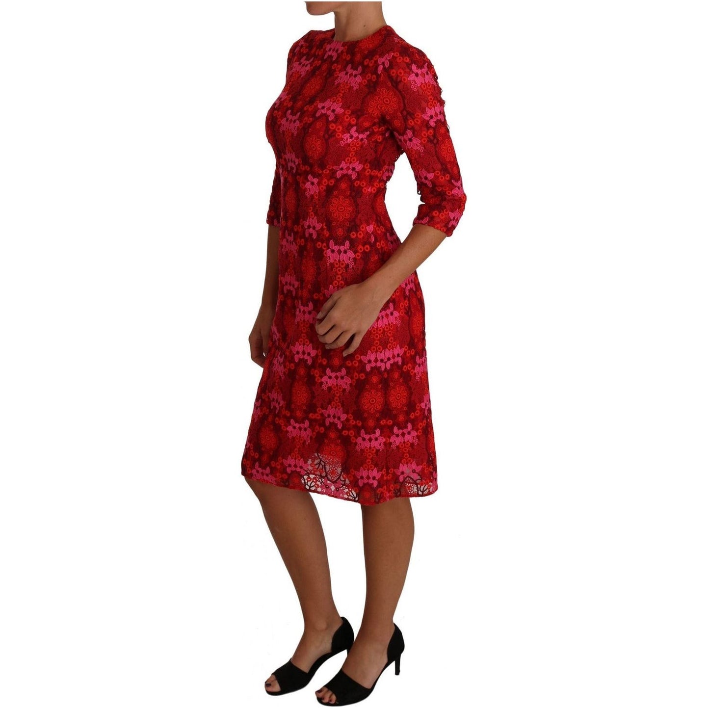 Dolce & Gabbana Elegant Floral Crochet Knee-Length Dress floral-crochet-lace-red-pink-sheath-dress 635562-floral-crochet-lace-red-pink-sheath-dress-2.jpg