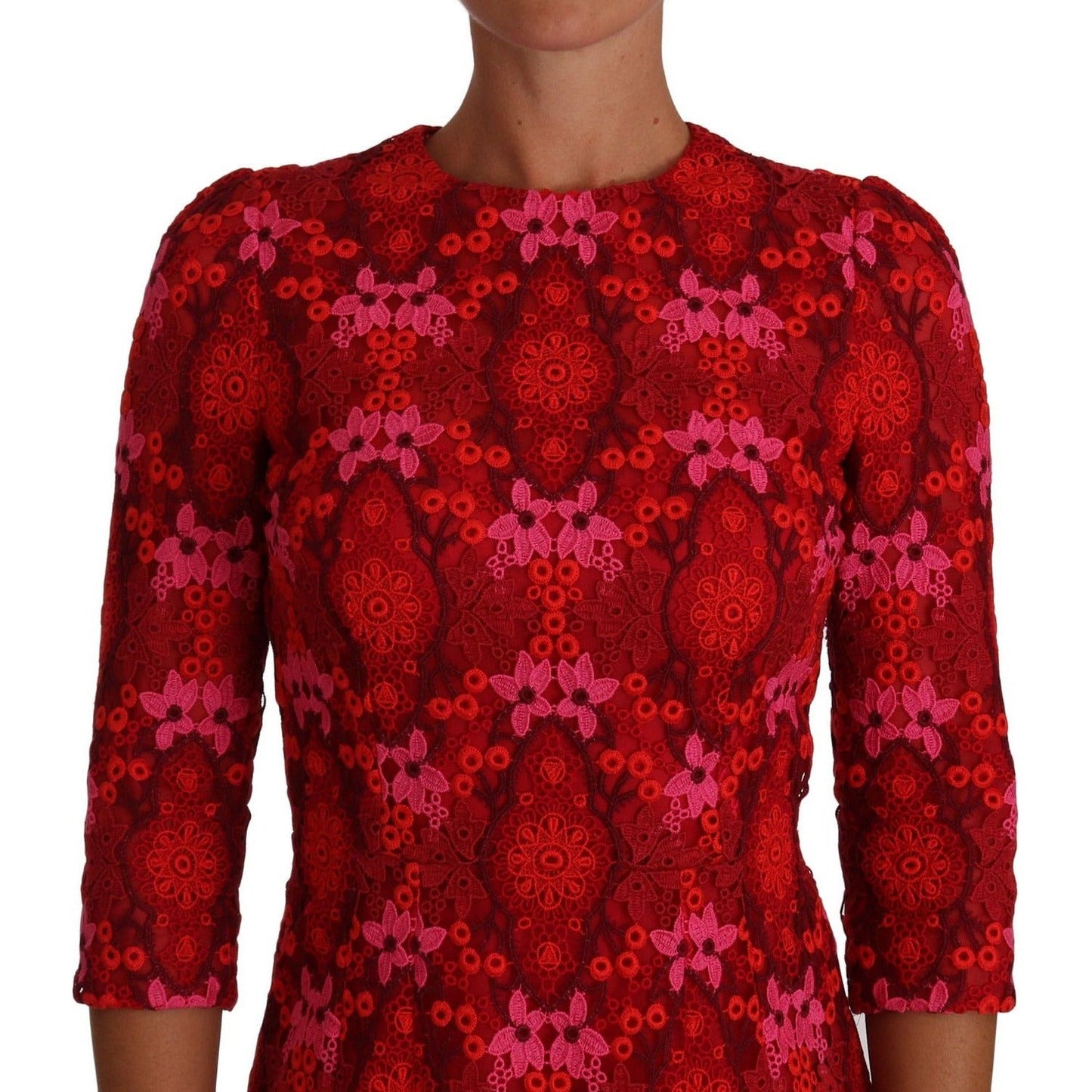 Dolce & Gabbana Elegant Floral Crochet Knee-Length Dress floral-crochet-lace-red-pink-sheath-dress 635562-floral-crochet-lace-red-pink-sheath-dress-3.jpg