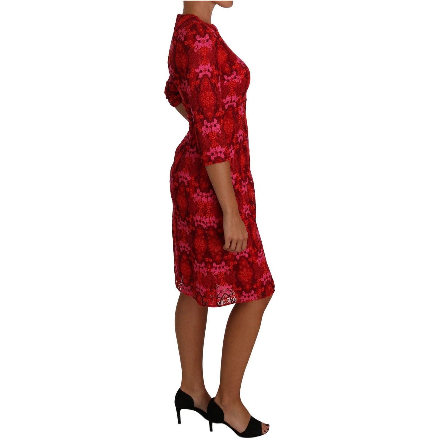 Dolce & Gabbana Elegant Floral Crochet Knee-Length Dress floral-crochet-lace-red-pink-sheath-dress 635562-floral-crochet-lace-red-pink-sheath-dress-4.jpg