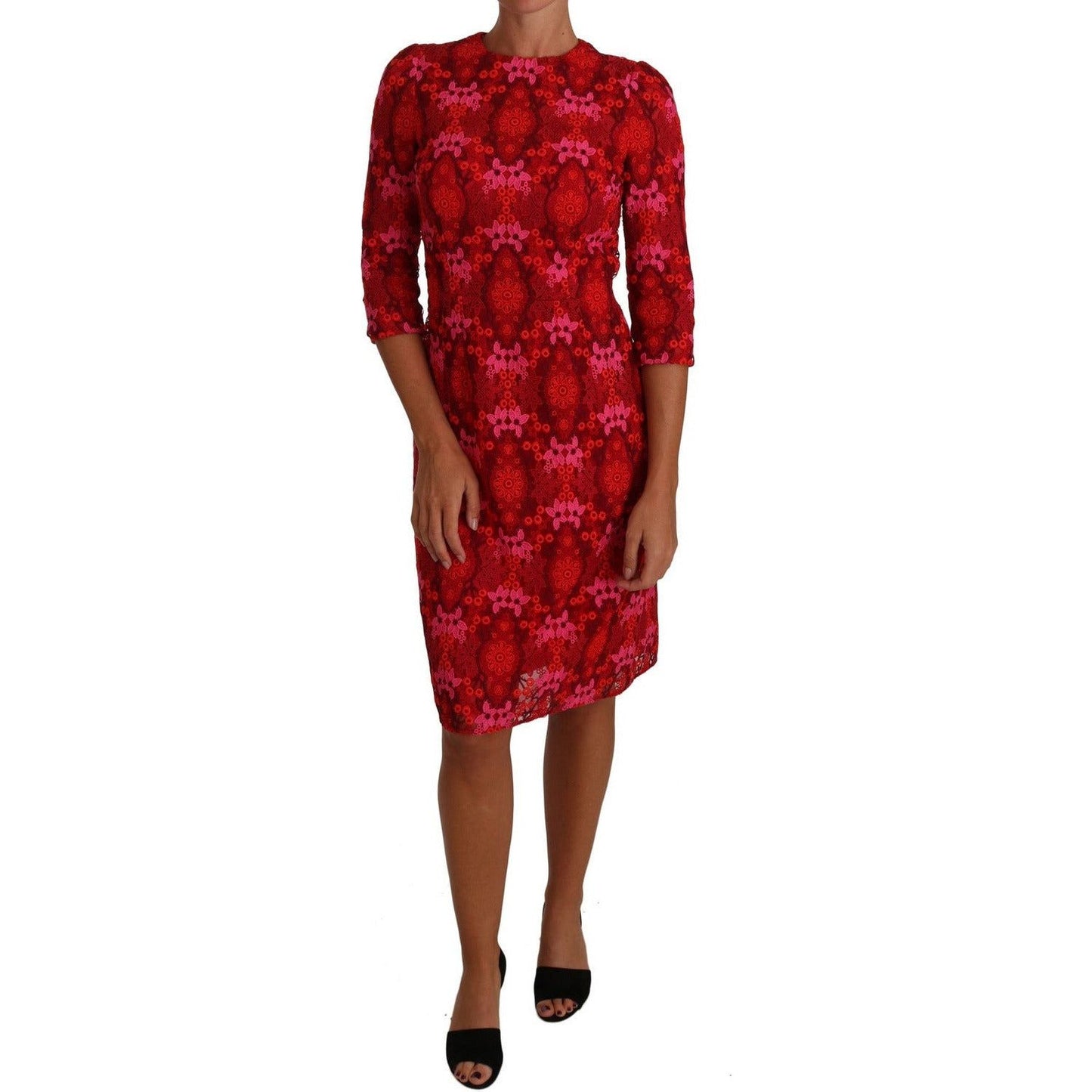 Dolce & Gabbana Elegant Floral Crochet Knee-Length Dress floral-crochet-lace-red-pink-sheath-dress 635562-floral-crochet-lace-red-pink-sheath-dress.jpg